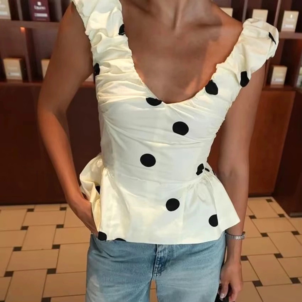 ZARA Polka Dot Backless Ruffled Cami Vest Summer Slim Deep V Neck Streetwear